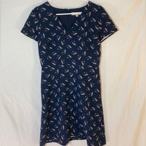 Loft women’s shift dress navy blue floral print short sleeve v neck size 8